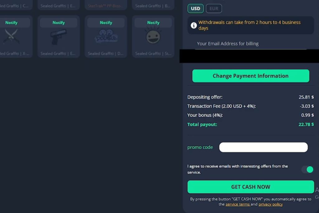 Skins.Cash Fees